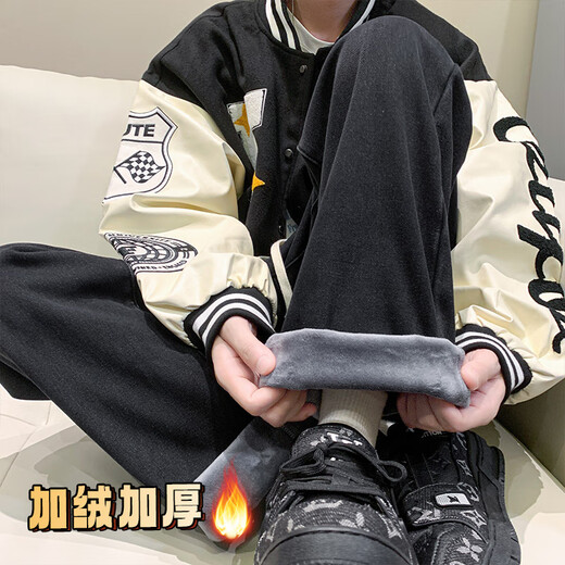 NEW OR MODE retro jeans men's autumn and winter new velvet thickened trendy brand straight pants American loose wide-leg trousers light blue velvet XL