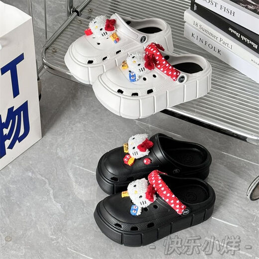 Minghuitong Hellokitty Hole Shoes Cute Cartoon Kitty Cat Women ins Лето, не скользящие тапочки с толстыми толстыми, на улице в черном ремеше