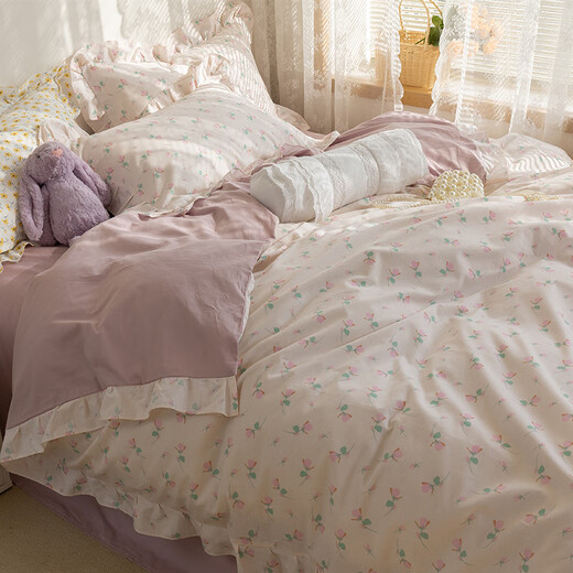 Ruiqin Korean cream small floral pure cotton princess style lace cotton student bed 1.8m bedding small pink flower ruffle bed sheet set x 1.5m four-piece set (20 quilt covers
