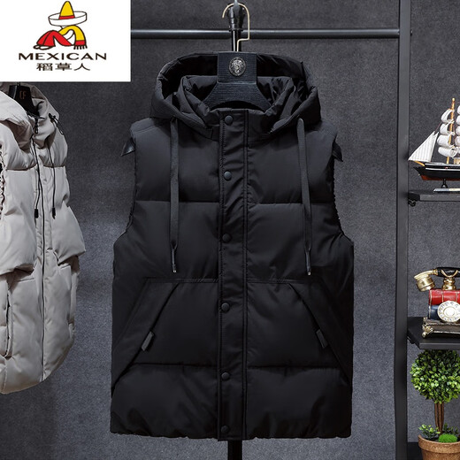 Scarecrow 13 boys down cotton vest 12 years old junior high school students 14 fat children's coat 15 teenagers autumn and winter vest vest black removable hat XL 100-120Jin Jin is equal to 0.5 kg