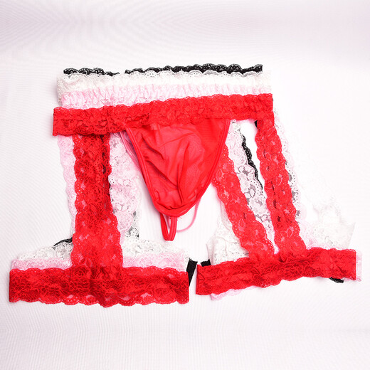 Ye Zimei men's lace suspenders thong men's sexy underwear transparent mesh t-pants leggings sexy see-through shorts red one size