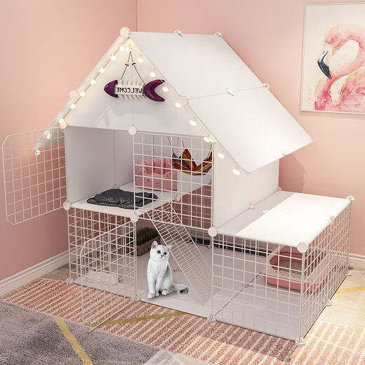 Cat Cage Home Indoor Cat Villa with Toilet Clearance Large Extra Large Free Space Small Cat Nest Cattery Three-story Small Bungalow + Pink Jump Platform - Multi-Cat Paradise Exclusive Model Hardcover Model + Cat Litter Box + Dual-Purpose Cat Bowl