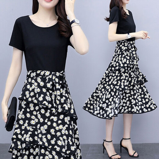 
Shanidoluo large size women's fat mm summer clothing new product loose small daisy print fat man slim dress 15902 black XL recommended 110-130Jin [Jin equals 0.5 kg] to wear