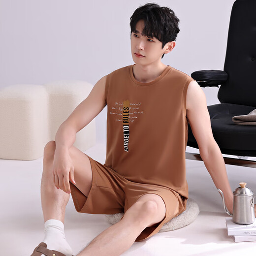 莫代尔睡衣男士夏季薄款纯棉无袖背心短裤套装夏天男款青年可外穿家居服 4867 XL