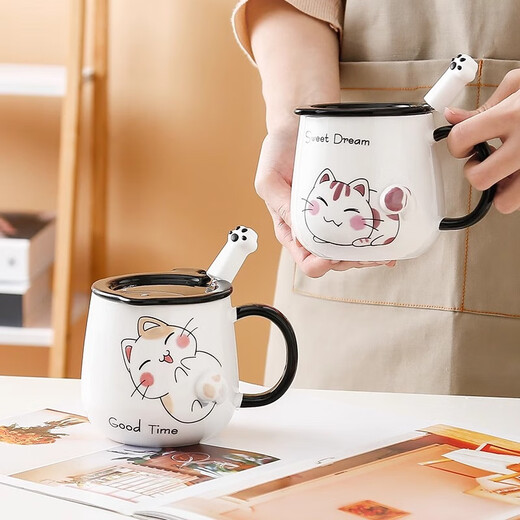 PINYU cup, mug, coffee cup, ceramic cup, high-looking water cup, household large-capacity brewing cup with covered spoon, little blue cat