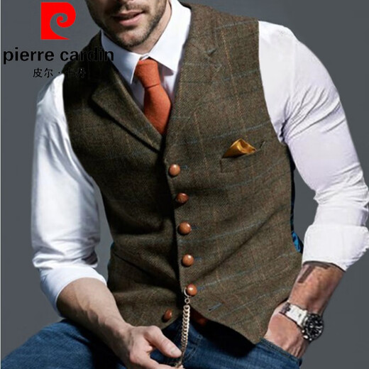 皮尔卡丹（pierre cardin）英伦复古西装马甲男粗花呢修身商务正装马夹伴郎团结婚礼服针织 无领黄色 2XL