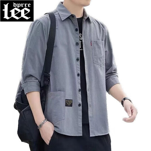 Lee DPRRE Pure Cotton 7-Viertel-Ärmel-Hemd Herren Arbeit Jacke Koreaner Stil Trendy Lose Casual Shirt Herren lässig Hong Kong Style 723 Blau (7-Quartal) Lee01 XL