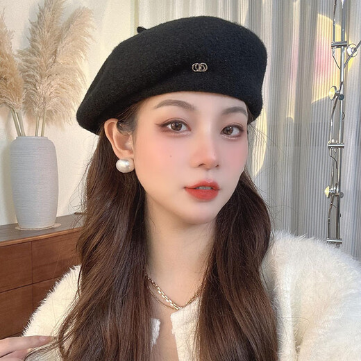 GLO-STORY French beret women's autumn and winter literary retro painter's hat with versatile temperament and face-showing little pumpkin hat black