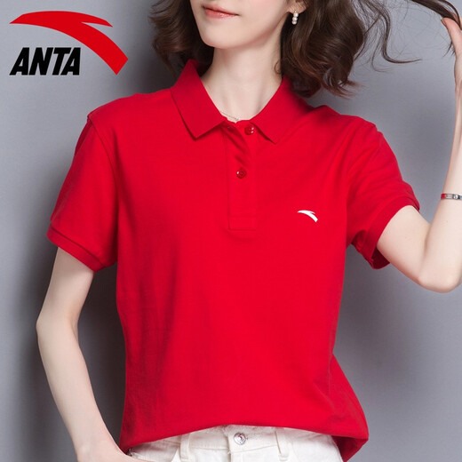 Anta kurzärmeligte T-Shirt für Frauen 2022 Sommer neuer loser atmungsaktives Lampen-Polo-Hemd Fitness leichte Eis Seide Schnelle Trocknen im Freien im Freien im Freien im Freien im Freien T-Shirt Casual Sportswear -4A14066 Klassiker Red S/160