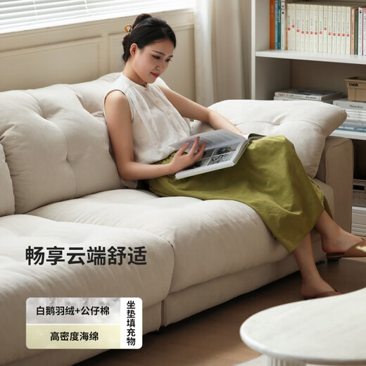 Genji hölzerne Textur Sofa Haushaltscreme Stil Down Sofa Weißes Wohnzimmer Abnehmbares Waschen Waschen Direktes Sofa 2,6 Meter großer Sitz drei Personen (2600*1050*790)