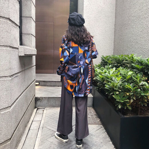冉艺岚衬衫女春秋新款韩版宽松印花衬衣港味复古长袖衣外套 a 9712 S  收藏店铺ONG小礼物