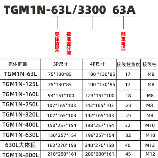 天正电气TENGENTGM1N塑壳断路器总闸开关100A12250A400A63 TGM1N-63L/330063A以下(备注)