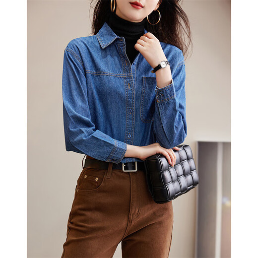 Demana (dme) 100% cotton denim bamboo shirt lapel long sleeve topstitch shirt women's top medium denim blue S