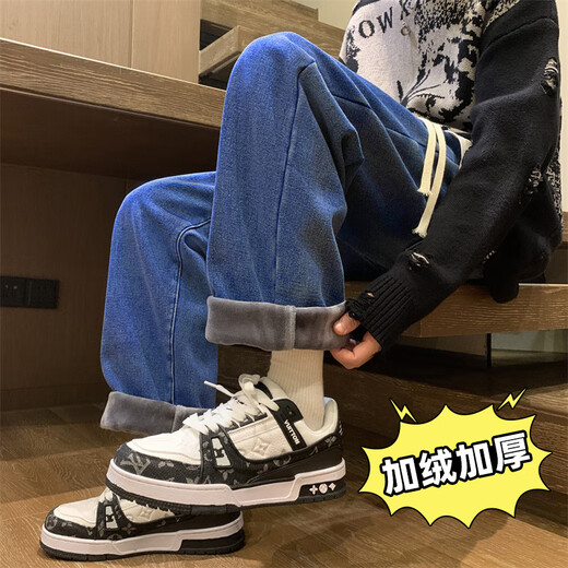 NEW OR MODE retro jeans men's autumn and winter new velvet thickened trendy brand straight pants American loose wide-leg trousers light blue velvet XL