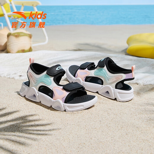 ANTA Children's Sandals Girls' Beach Shoes Summer Open-Toe Breathable Velcro Arch Sandals ANTA White/Light Mist Purple/Black-1 30 Inner Length 18.5cm