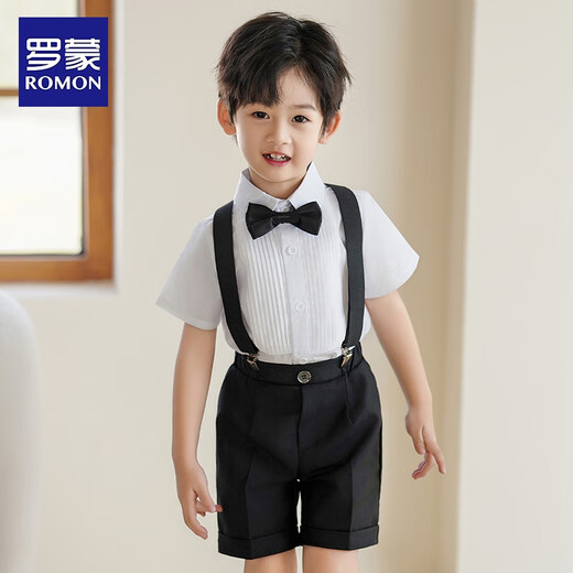 Romon Jungenkleid, Babyanzug, kleiner Host-Anzug, Klavieraufführung, Junge, erster Geburtstag, Hosenträgeranzug, vierteiliger Anzug, Hemd + Shorts + Hosenträger + Fliege 150