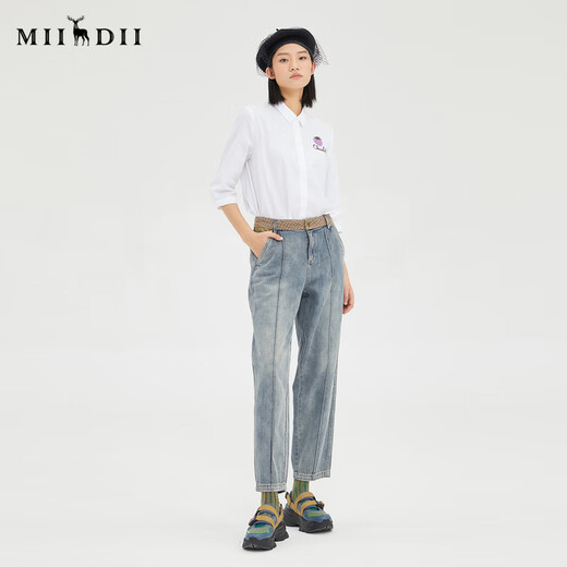 谜底2022冬季宽松复古哈伦锥形裤柔软显瘦直筒牛仔裤女229MK6218 天蓝 S