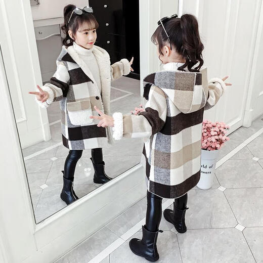 Ainolun Children's Coat Women's Winter Girls' Woolen Coat Autumn and Winter Long Large Children's Clothing Girls' Thickened Woolen Winter Clothes Large Plaid Velvet Thickened Coat (Picture Color) 150 150 Recommended height 140CM