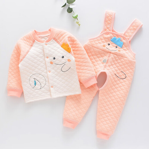 Xin Yueqing autumn and winter children's quilted thickened three-layer thermal underwear for boys and girls pure cotton suspenders thermal underwear set backpack bear blue suspender warm 90
