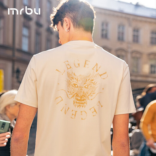 Mr. Bu Bu Fashion Printed Pure Cotton T-shirt Men's 2025 Spring and Summer New Round Neck Short Sleeve Simple and Versatile GT15253 Yami Apricot XL (180)