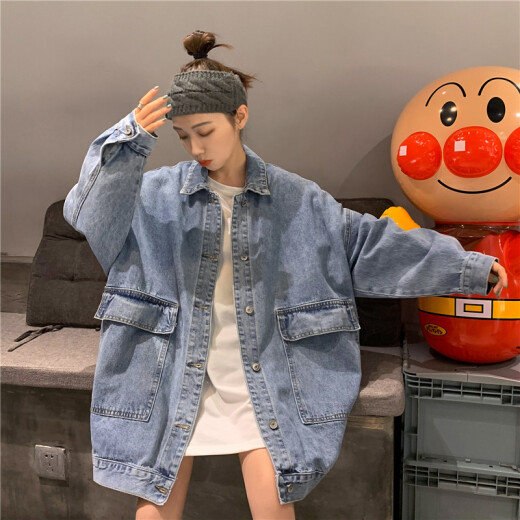 Max Hui Spring and Autumn Retro Korean Style Loose BF Denim Jacket Women's Oversize Mid-Length Harajuku Workwear Top Ins Trendy Light Blue M