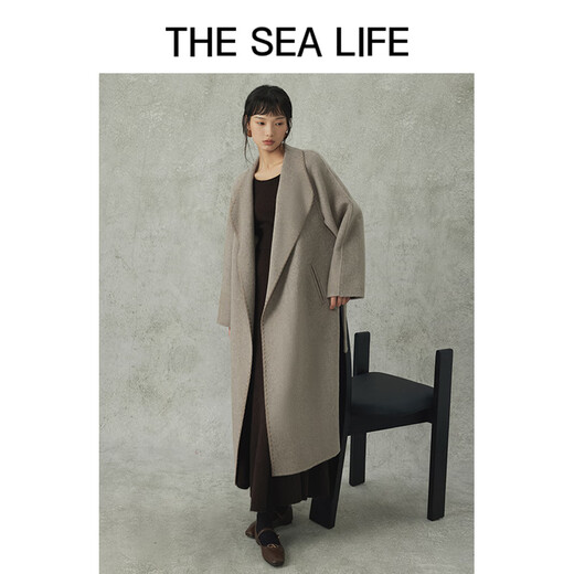 THE SEA LIFE 廓形系带双面呢大衣女秋冬中长款奶茶色12625 奶茶棕 S