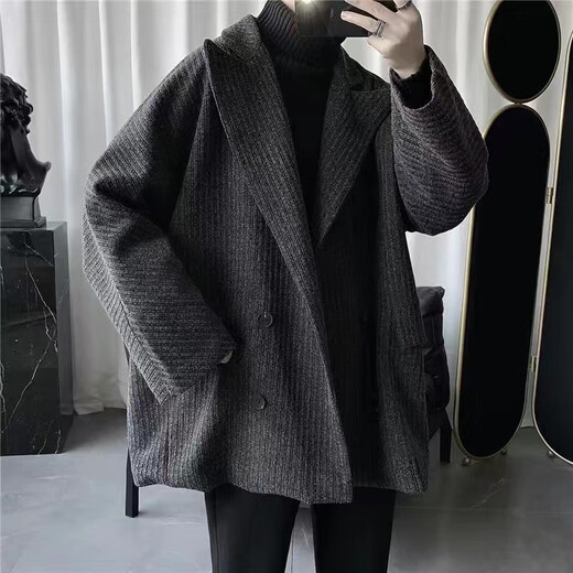 An Chuxia woolen jacket men's casual suit autumn and winter warm fashionable wear matching trendy clothes men's woolen black jacket + German velvet sweater + velvet pants XL recommended 120-140Jin Jin equals 0.5 kg
