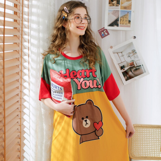 Fenton Pajamas Women's Summer Brown Bear Loose Cotton Genuinely Authorized LINEFRIENDS Nightgown Women's Home Clothes Q9981722691 Turmeric XL