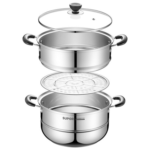 SUPOR steamer 304 stainless steel double-layered bottom soup pot with steamer large capacity visible pot induction cooker gas universal double layer 28cm