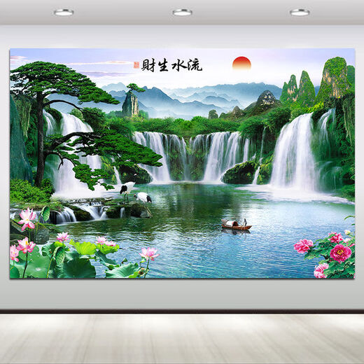The landscape painting of the flowing water makes money, beautiful artistic conception, living room attracts wealth, and hanging paintings, welcoming pine waterfall background mural A32PP glue with glue on the back 80*120 cm
