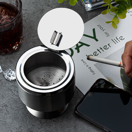 B&y new ashtray for home use, stainless steel ashtray with lid and feet, creative home living room, personalized trendy office ashtray with lid, feet, anti-fly ash BY244 original color