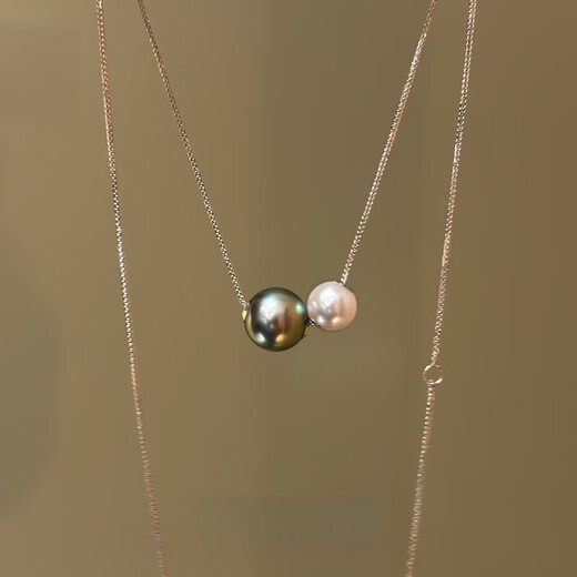 DRJEFUN Tahitian natural black freshwater pearls peacock green strong aurora Akoya size double beads passepartout 18K necklace 7-7.5