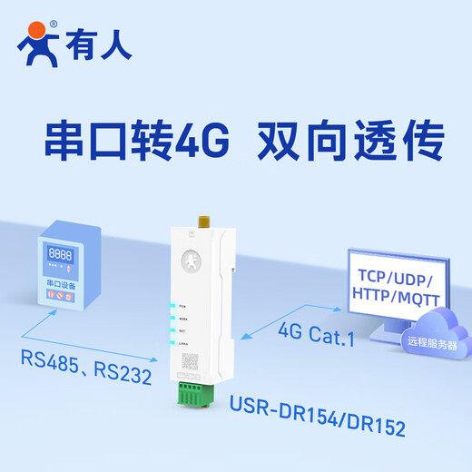 
People 4G dtu module Cat1 rail-type wireless transmissive RS485 serial port 232/TTL communication IoT device DR154 series new RS485 + rod-shaped antenna + 8 years of traffic