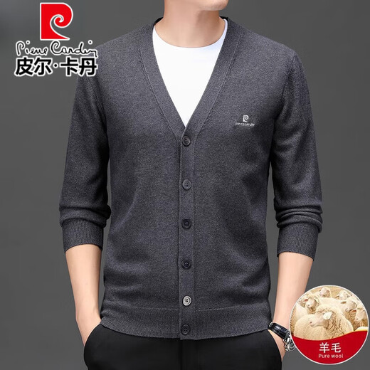 
Pier Cardin high-end wool knitted cardigan men's 100% wool autumn and winter 2024 new velvet thickened warm bottom sweater Medium gray L 175/92A