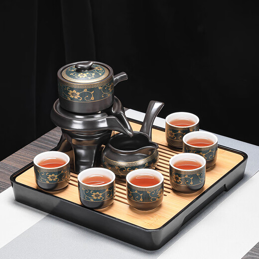 Craftsman's Lazy Tea Set Household Stone Mill Semi-automatic Tea Making Artifact Office Ceramic Anti-scalding Kung Fu Tea Set Complete Set Fragrant Automatic Tea Set + Black Square Tea Tray 10 Pieces