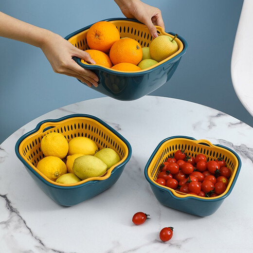 Chunshao kitchen vegetable basket drain basket double layer vegetable basin drain basket fruit and vegetable basket leaking basin 6-piece set extra large + large + medium blue and yellow two colors