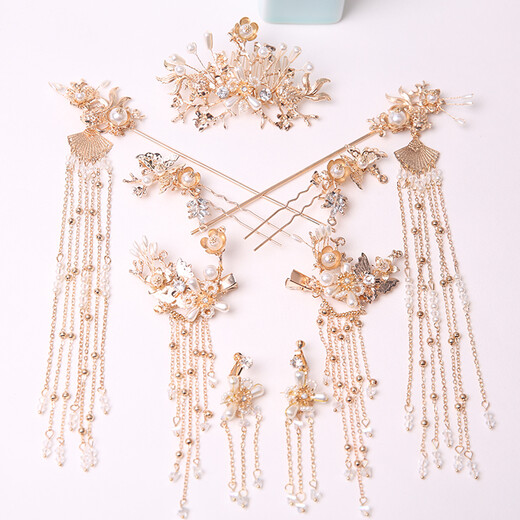 Hanfu headwear, ancient style hairpins, retro hair combs and hairpin sets, tassel steps, ancient costume rocking hairpins for bride, full set at special price (no pierced ears, ear clips)