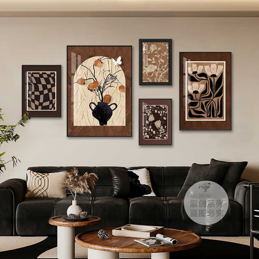 丞仔中古风客厅组合装饰画法式复古挂画美式高级感沙发背景墙艺术壁画 Z3879 35*50/50*70/30*40*2/40*60 晶瓷铝合金黑框