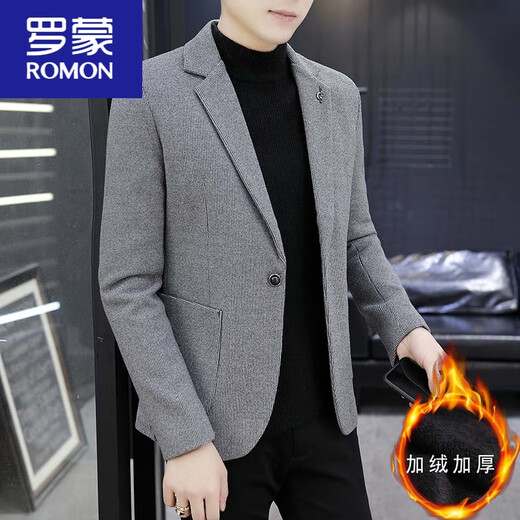 ROMON men's velvet thickened small suit tailored autumn and winter woolen coat Korean style casual set with suit gray L 170