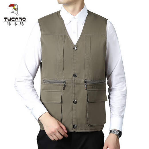 啄木鸟（TUCANO）中老年人男钓鱼马甲两面穿户外春秋薄多口袋马夹背心摄影爸爸坎肩 【款一】卡其 建议145-170斤