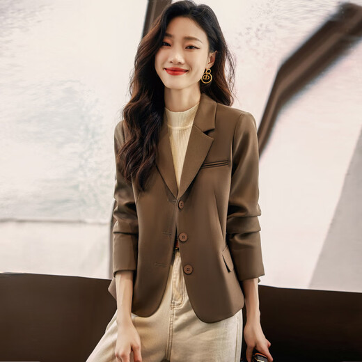 Iyasha small suit jacket for women, short style, small formal wear, casual, slim and slim, this year's popular suit top, brown regular, three buttons XL recommended 115-125 Jin Jin equals 0.5 kg