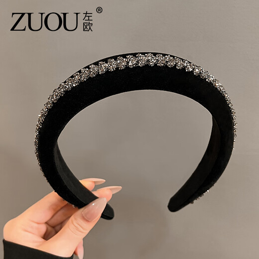 Zuoou hairband for women, high-end, fashionable, wide-brimmed hairpin, black sponge hairpin, velvet rhinestone headband, hair hole headdress, black