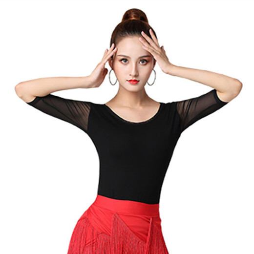 GUBPMTSHIM拉丁舞上衣女中袖圆领恰恰交谊舞练功服秋季新款吉特巴舞蹈服短袖 黑色 B829中袖上衣 M
