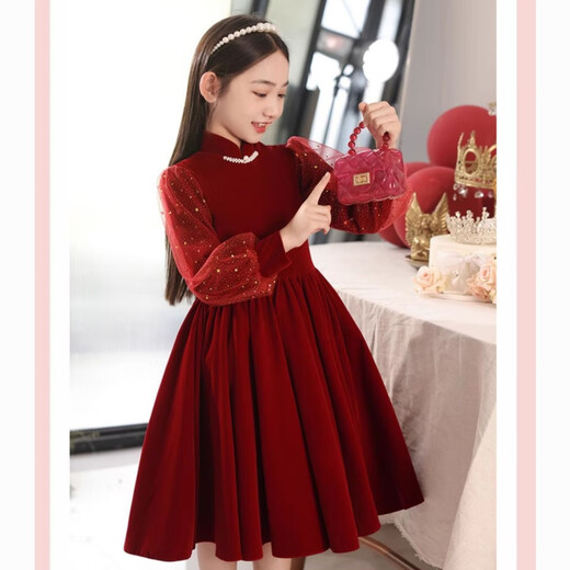 Disney (Disney) girls dress velvet autumn and winter new style red style plus velvet children's skirt little girl princess dress red velvet style velvet lining 120