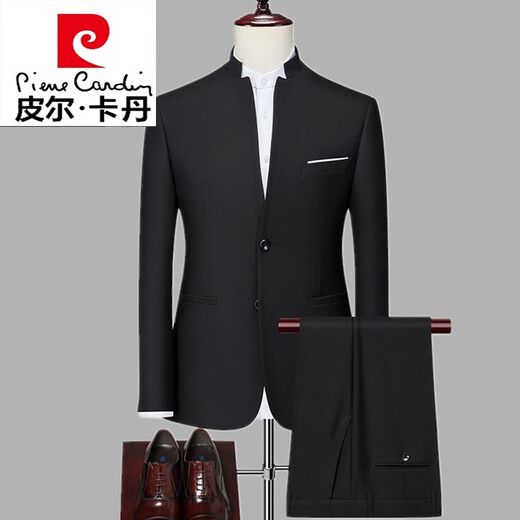 Pierre Cardin Chinese tunic suit for middle-aged men, Chinese stand-up collar suit, men's wedding dress, casual suit jacket, men's spring knitted black-single 3XL