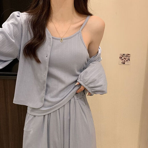 
Catman four-season pajamas for women pure cotton 2025 new pure and sweet style with chest pad simple blue three-piece set 831 mist blue chest pad removable XL Recommended 110-125Jin [Jin equals 0.5 kg]