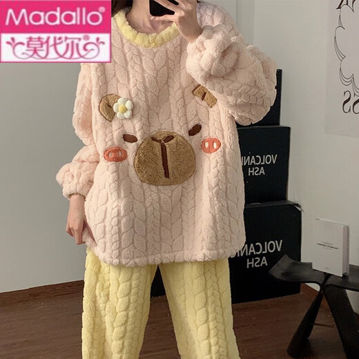 莫代尔珊瑚绒睡衣女春秋冬季加厚保暖甜美可爱法兰绒学生家居服套 3271蓝兔 XL 120-130斤