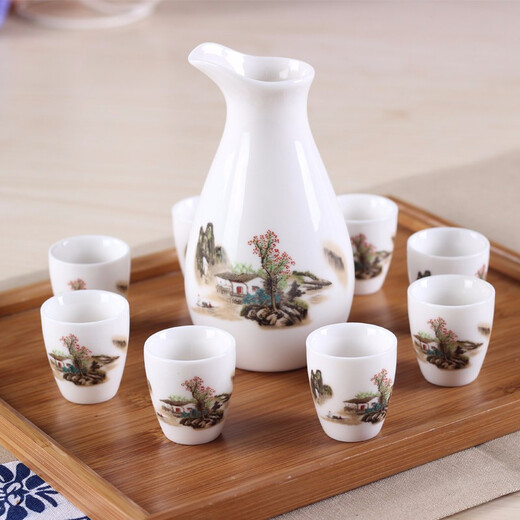 Lantianhong (LTOHO) Home Ceramic Chinese Wine Set Spirits Yellow Wine White Wine Cup Hot Warm Wine Kettle (1 Pot 8 Cups) Guilin Landscape Gift Box Packaging