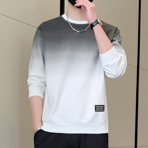 Jeanswest gradient long-sleeved sweatshirt for men spring 2026 new trendy t-shirt for men with casual tops and bottoming shirts 171 white gray L