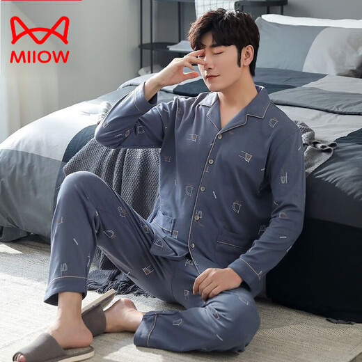 Cat Man (Miiow) Pajamas de algodón puro de manga larga de manga larga de manga larga y de manga larga de manga larga y otoño de pijama masculino de gran tamaño, otoño e invernal, ropa para el hogar MZ3523 XL [130-150Jin [Jin equivale a 0.5 kg]]